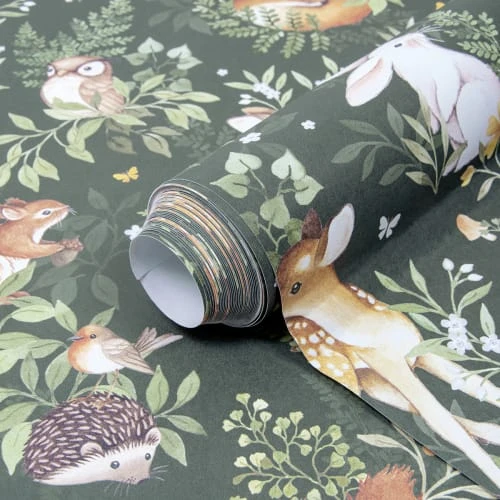 Lilipinso Stickers Et Papiers-peint Enfant Papier Peint Amis De La ForĂȘt En Papier Vert Bouteille 50cm X 10m â Image 5