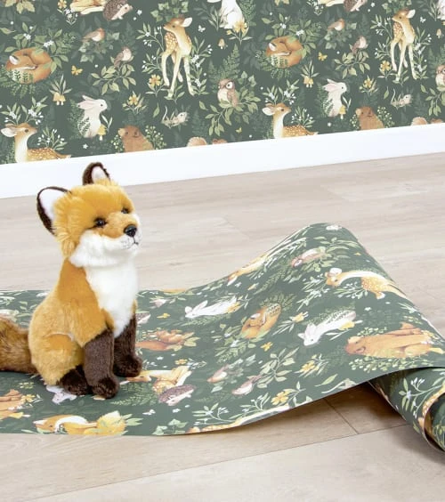 Lilipinso Stickers Et Papiers-peint Enfant Papier Peint Amis De La ForĂȘt En Papier Vert Bouteille 50cm X 10m â Image 6