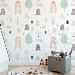Decochic Stickers Et Papiers-peint Enfant Papier Peint Vinyle Adhésif Animaux De La Forêt Vert 50x300 Cm