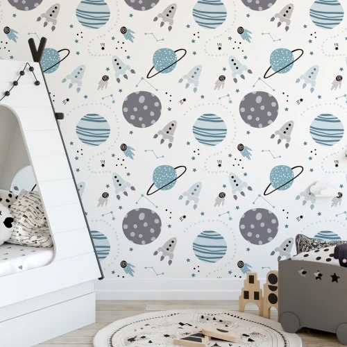 Decochic Stickers Et Papiers-peint Enfant Papier Peint Vinyle Adhésif Espace Bleu Et Gris 50x300 Cm