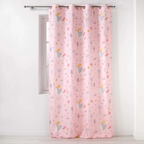 Douceur D'Intérieur Rideaux Enfant Rideau Tamisant Imprimé Licorne Dans Les Bois Polyester Rose 260x140cm