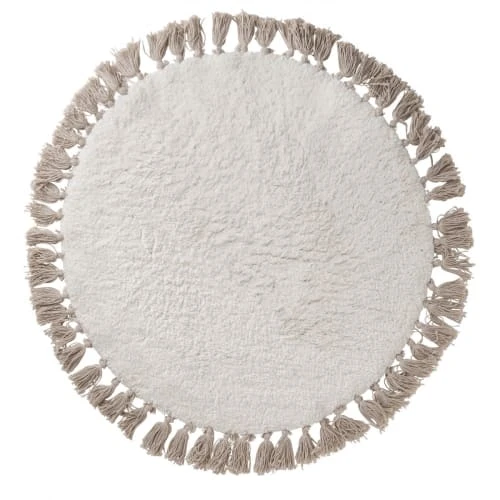 Guy Levasseur Tapis Enfant Tapis Fantaisie Coton Blanc Et Taupe Avec Pompons 70cm