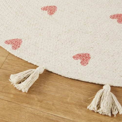 Maisons Du Monde Tapis Enfant Tapis Rond En Coton à Imprimés Cœurs Et Pompons Beige – Image 2