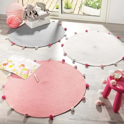 Douceur D'Intérieur Tapis Enfant Tapis Rond Pompons Blanc Rose D90cm – Image 2