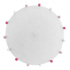 Douceur D'Intérieur Tapis Enfant Tapis Rond Pompons Blanc Rose D90cm