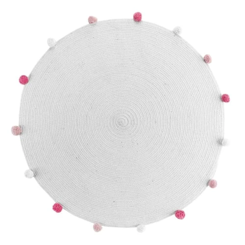 Douceur D'Intérieur Tapis Enfant Tapis Rond Pompons Blanc Rose D90cm