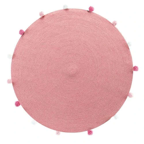 Douceur D'Intérieur Tapis Enfant Tapis Rond Pompons Rose Dragée D90cm
