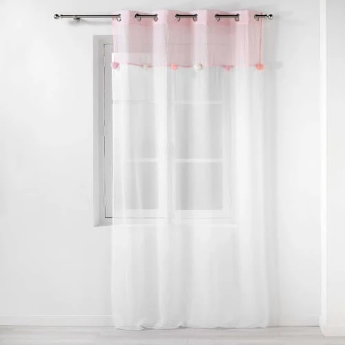 Douceur D'Intérieur Rideaux Enfant Voilage à Pompons Colorés Polyester Blanc/rose 240x140cm – Image 3